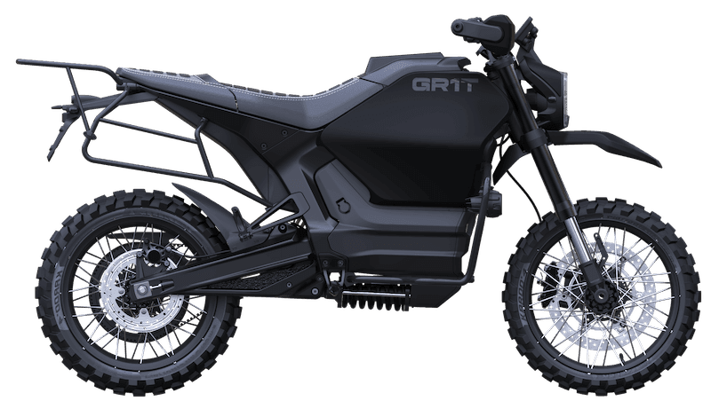 GR1T G1X all-electric scrambler motorcycle in blackout finish shown from the side