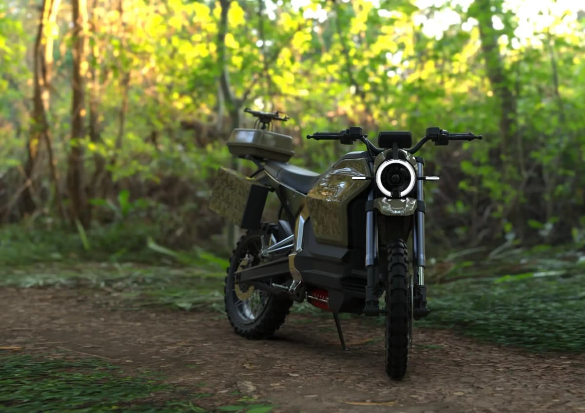 off-road electric motorcycle with camouflage livery in forest